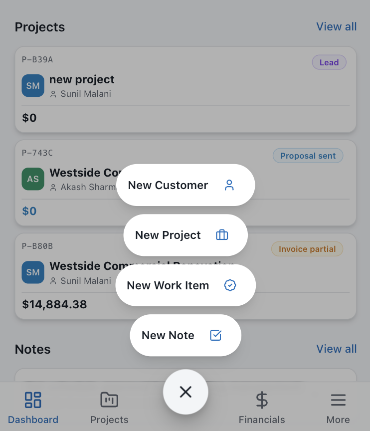 FieldHand app dashboard with the quick-create menu open, listing New Customer, New Project, New Work Item and New Note